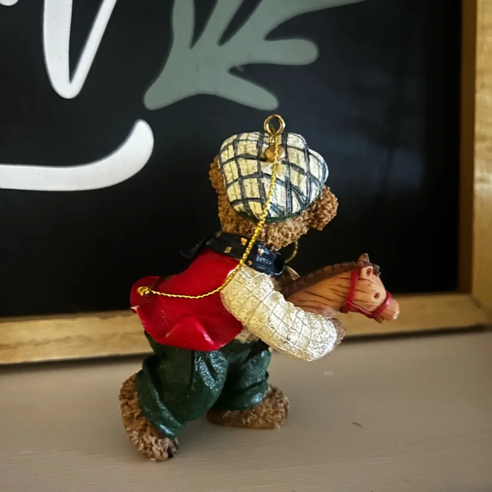 Vintage Kirkland Charming Teddy Bear Riding Stick Horse Christmas Ornament